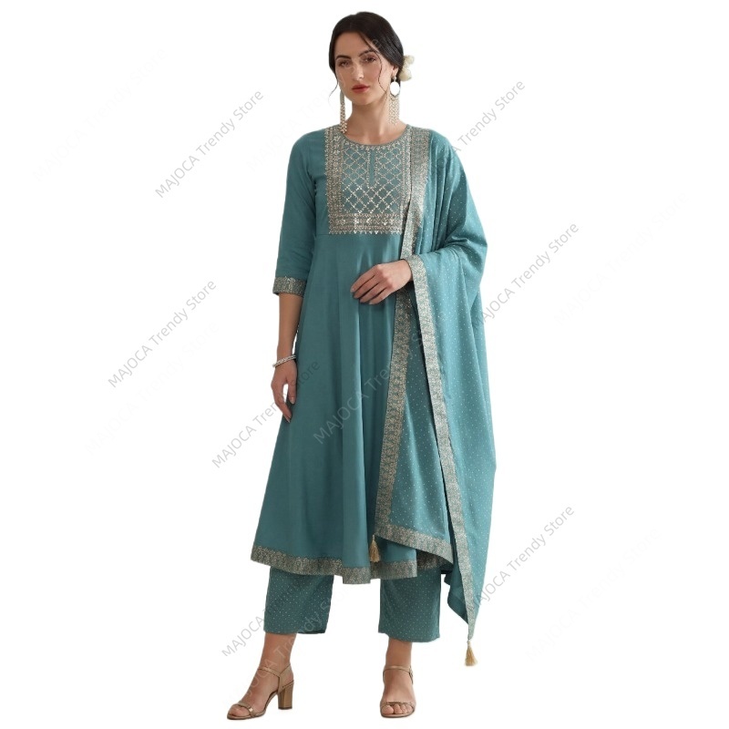 Salwar Kameez Set - Niebieski pawie indyjski damski zestaw 3-częściowy: