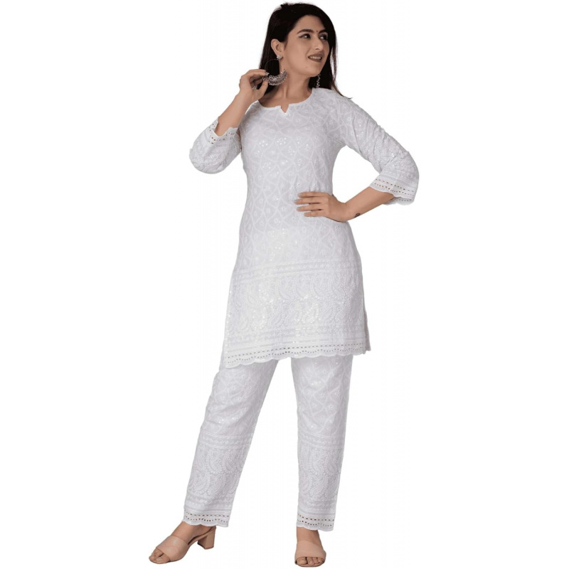 Salwar Kameez Set - Bawełniane indyjskie kurtis Chikankari dla kobiet,