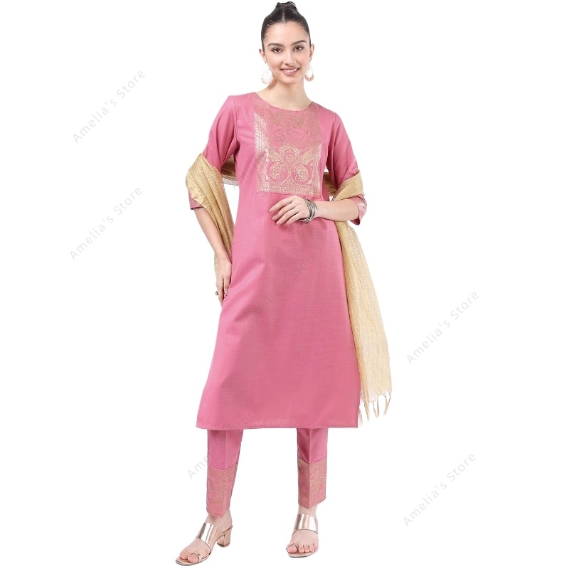 Salwar Kameez Set - Różowy trzyczęściowy zestaw Kurta dla kobiet
